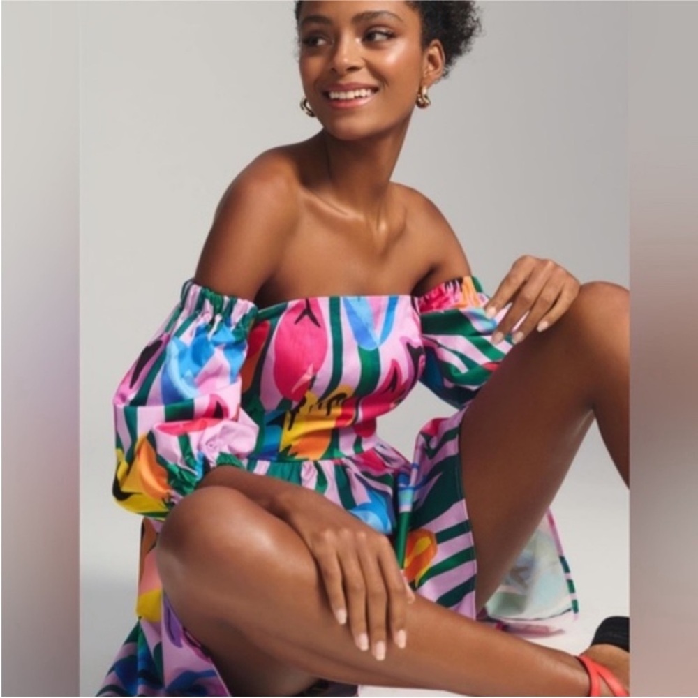 Anthropologie Hutch Babette Off Shoulder Shorts Romper 2 Tropical Vacation - Picture 3 of 6